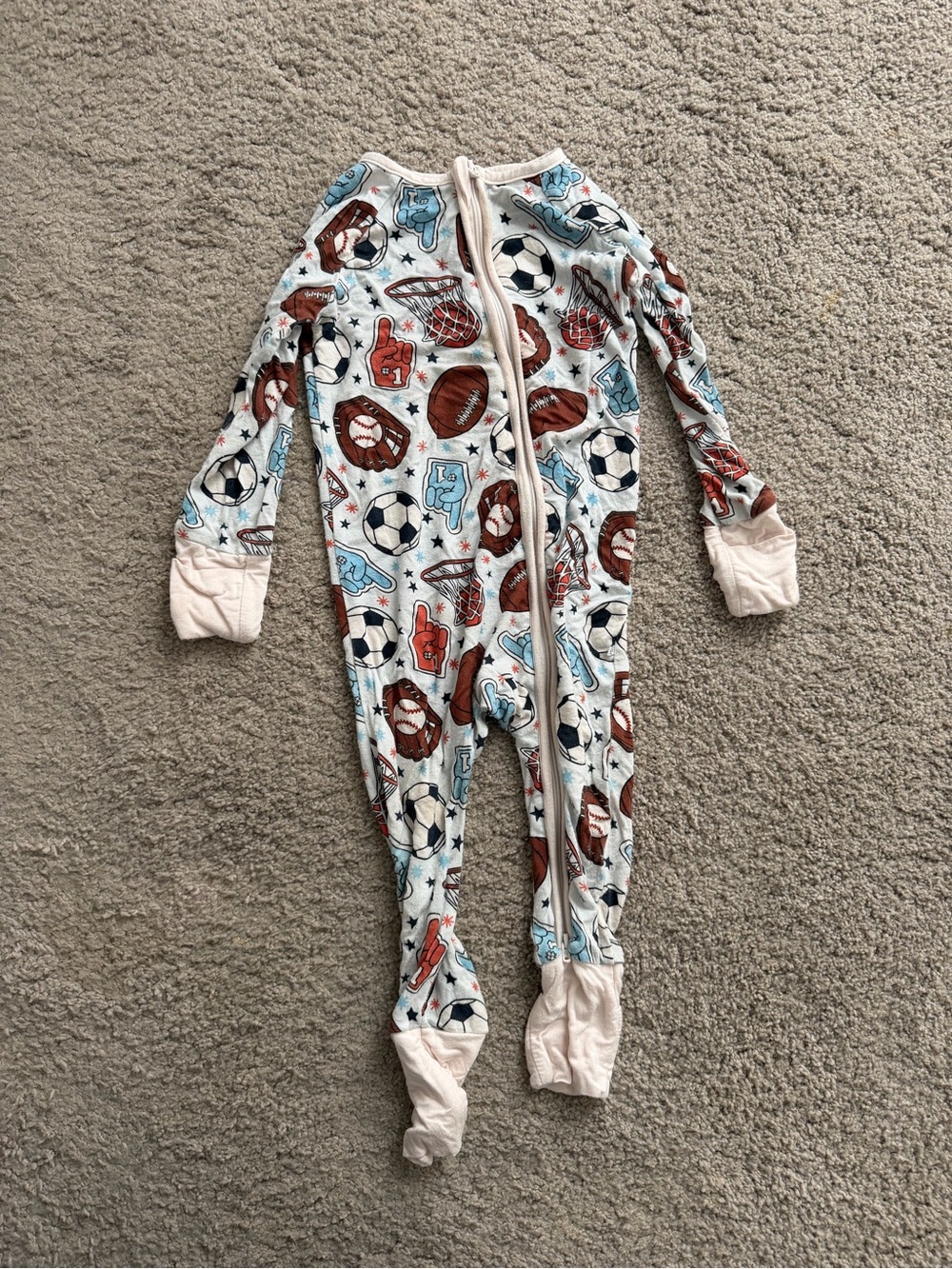 Caden Lane Light Blue Sports Print Footed One-Piece